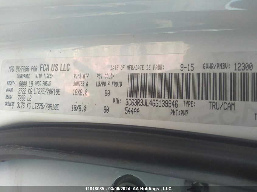 2016 Ram 3500 Laramie VIN: 3C63R3JL4GG139946 Lot: 11818085