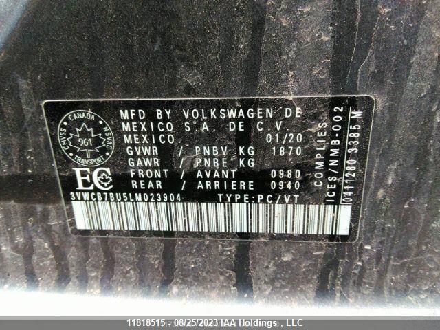 2020 Volkswagen Jetta Comfortline VIN: 3VWCB7BU5LM023904 Lot: 11818515