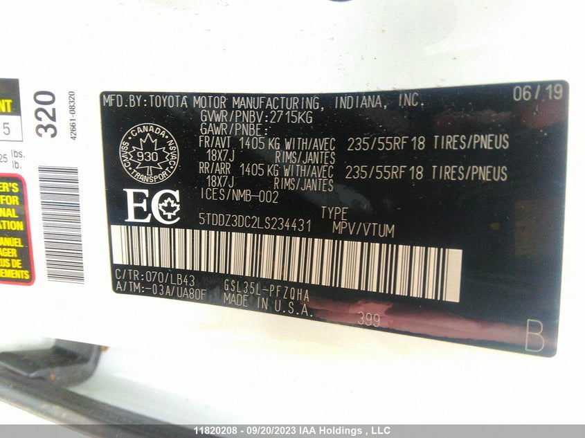 2020 Toyota Sienna Xle VIN: 5TDDZ3DC2LS234431 Lot: 11820208