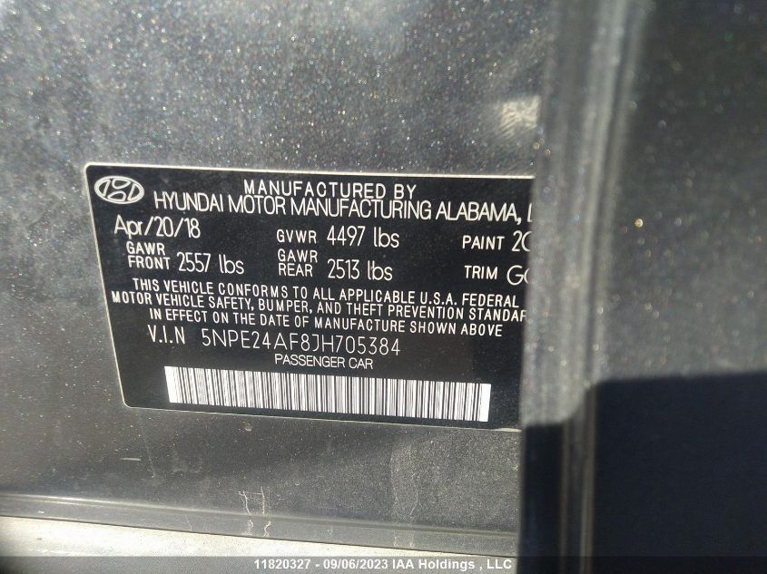 2018 Hyundai Sonata Se VIN: 5NPE24AF8JH705384 Lot: 11820327