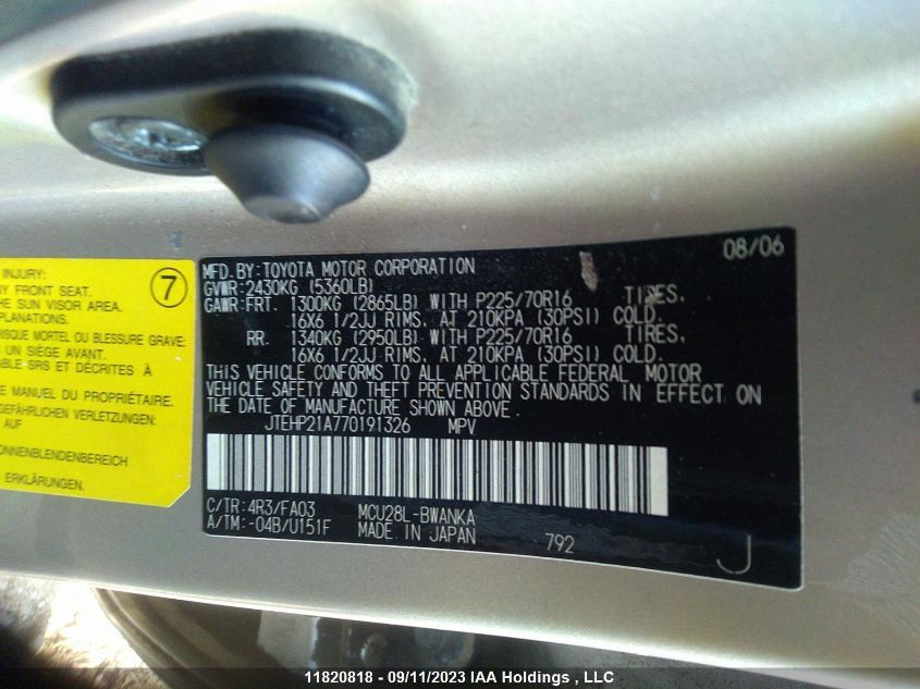 2007 Toyota Highlander VIN: JTEHP21A770191326 Lot: 11820818