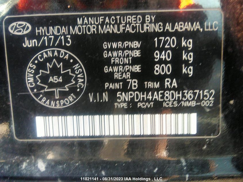 2013 Hyundai Elantra Gl VIN: 5NPDH4AE8DH367152 Lot: 11821141