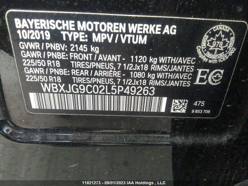 2020 BMW X1 xDrive28I VIN: WBXJG9C02L5P49263 Lot: 11821273