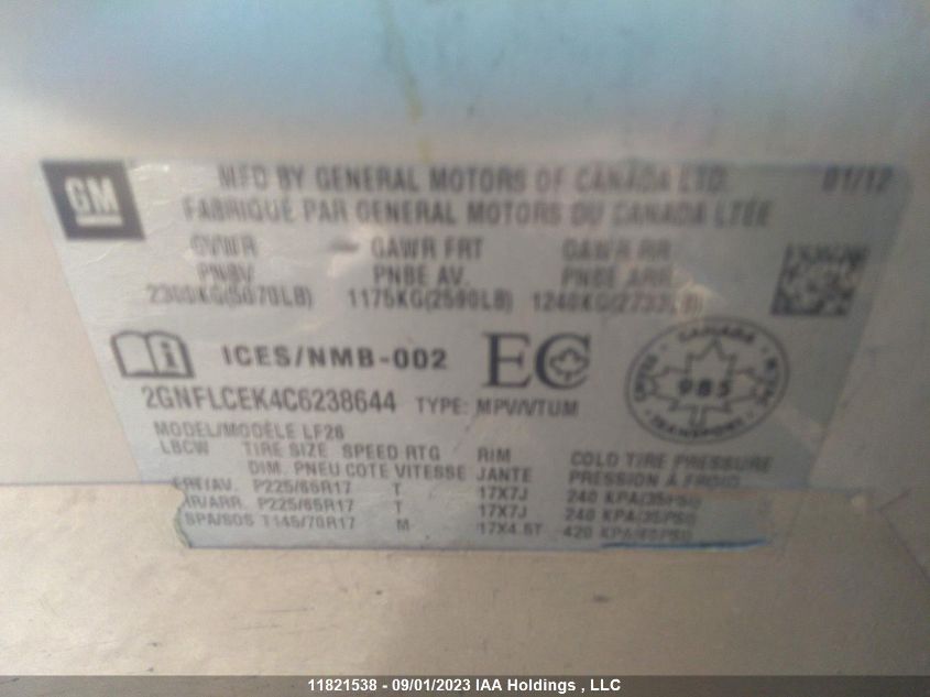 2012 Chevrolet Equinox Ls VIN: 2GNFLCEK4C6238644 Lot: 11821538