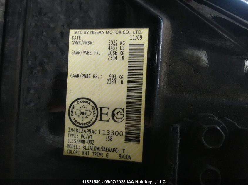 2010 Nissan Altima 3.5 Sr VIN: 1N4BL2AP9AC113300 Lot: 11821580