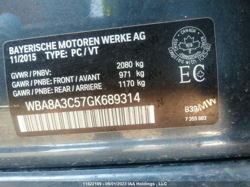 2016 BMW 3 Series 320I xDrive VIN: WBA8A3C57GK689314 Lot: 11822189