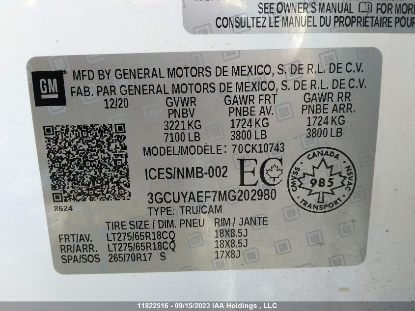 2021 Chevrolet Silverado 1500 VIN: 3GCUYAEF7MG202980 Lot: 11822516