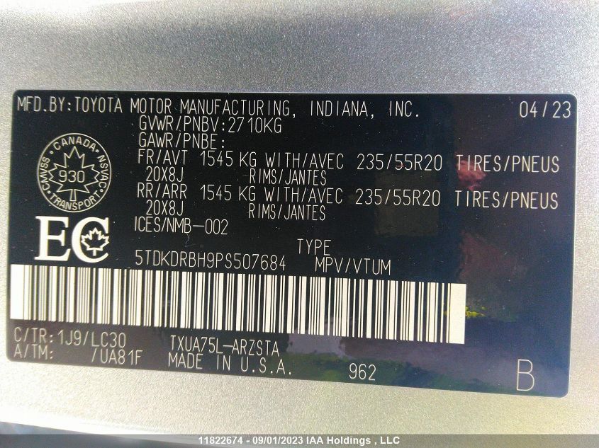 2023 Toyota Highlander Le/Xle/Xse/Limited VIN: 5TDKDRBH9PS507684 Lot: 11822674