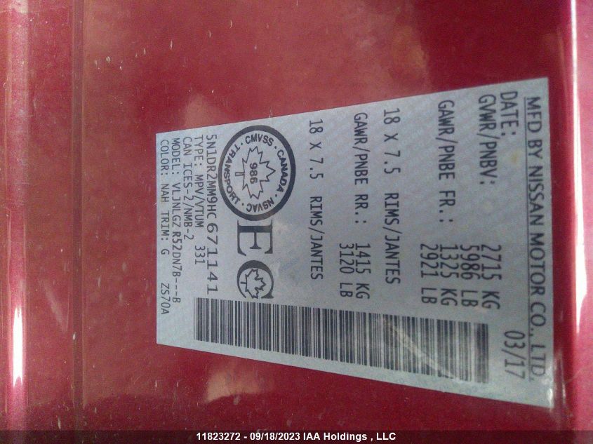 2017 Nissan Pathfinder VIN: 5N1DR2MM9HC671141 Lot: 11823272