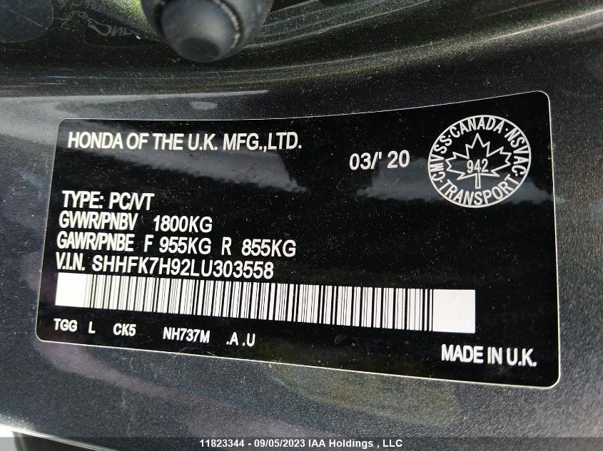 2020 Honda Civic Hatchback Sport Touring VIN: SHHFK7H92LU303558 Lot: 11823344