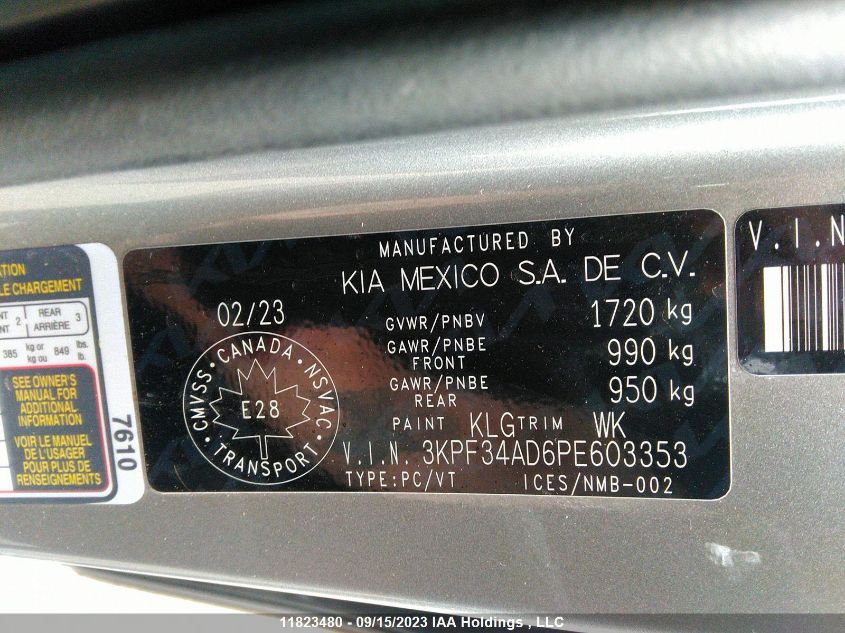 2023 Kia Forte Ex/Ex+/Ex Premium/Gt-Line VIN: 3KPF34AD6PE603353 Lot: 11823480