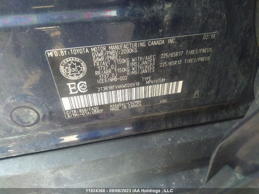 2019 Toyota Rav4 Xle VIN: 2T3R1RFV4KW026918 Lot: 11824368