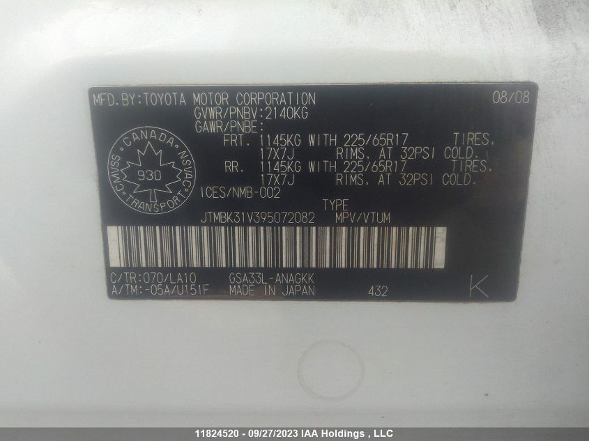 2009 Toyota Rav4 VIN: JTMBK31V395072082 Lot: 11824520