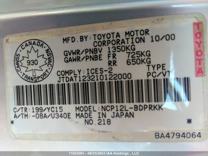 2001 Toyota Echo VIN: JTDAT123210122000 Lot: 11825001