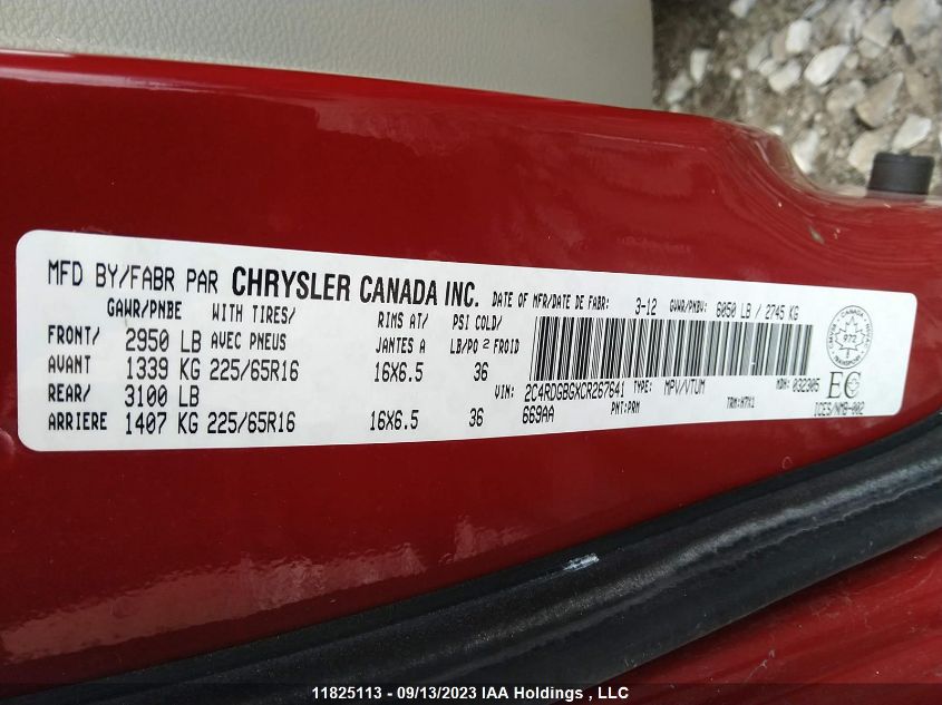 2012 Dodge Grand Caravan VIN: 2C4RDGBGXCR267641 Lot: 11825113