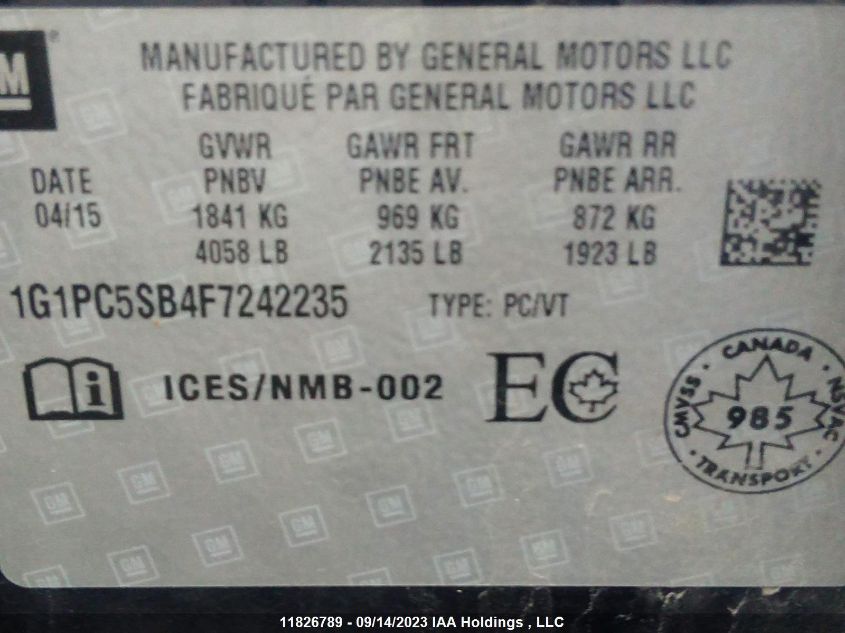 2015 Chevrolet Cruze 1Lt VIN: 1G1PC5SB4F7242235 Lot: 11826789