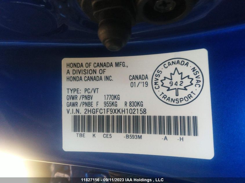 2019 Honda Civic VIN: 2HGFC1F9XKH102158 Lot: 11827156