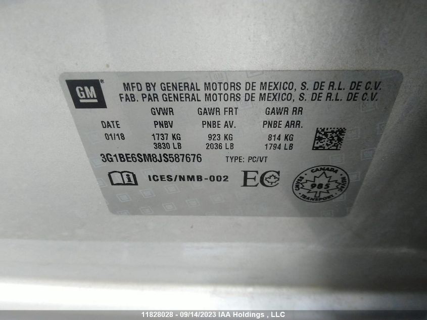 2018 Chevrolet Cruze VIN: 3G1BE6SM8JS587676 Lot: 11828028