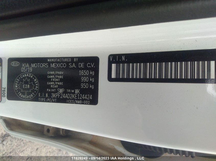2019 Kia Forte Lx VIN: 3KPF24AD2KE124424 Lot: 11828249