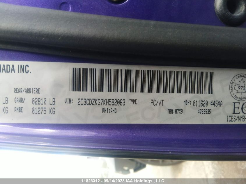 2019 Dodge Challenger Gt VIN: 2C3CDZKG7KH592063 Lot: 11828312