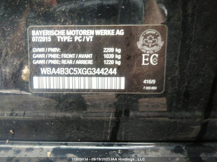 2016 BMW 4 Series 435I xDrive VIN: WBA4B3C5XGG344244 Lot: 11829034