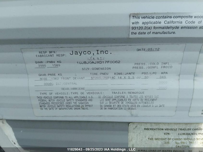 2013 Jayco VIN: 1UJBJ0AJXD17F0062 Lot: 39258919