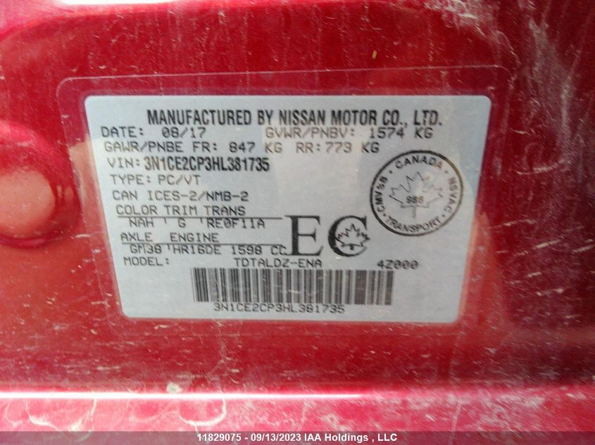 2017 Nissan Versa Note S/Sv/Sr/Sl VIN: 3N1CE2CP3HL381735 Lot: 11829075
