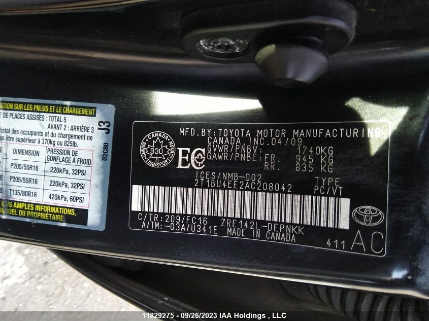 2010 Toyota Corolla VIN: 2T1BU4EE2AC208042 Lot: 11829275