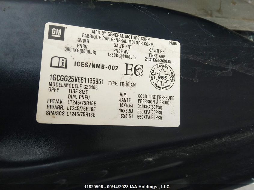2006 Chevrolet Express Cargo Van VIN: 1GCGG25V661135951 Lot: 11829596