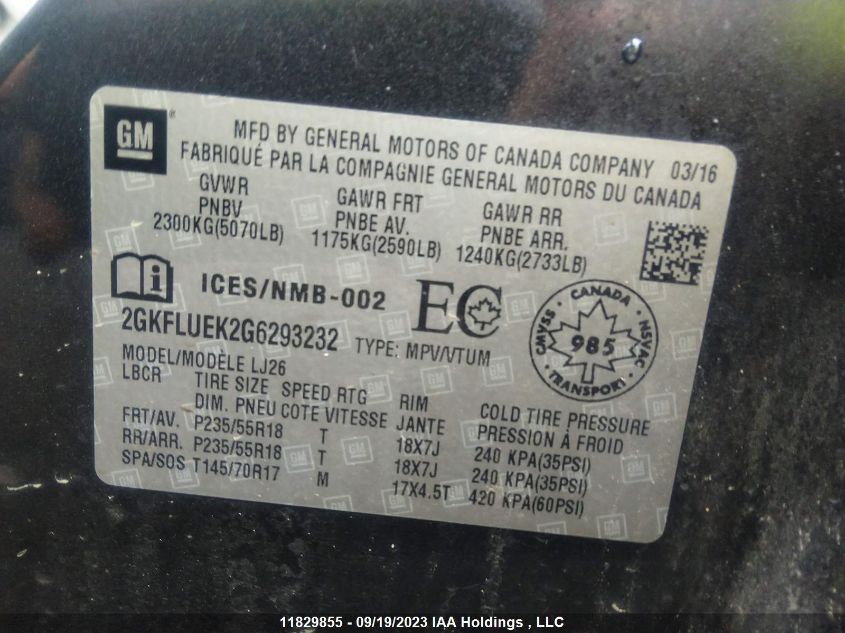 2016 GMC Terrain VIN: 2GKFLUEK2G6293232 Lot: 11829855