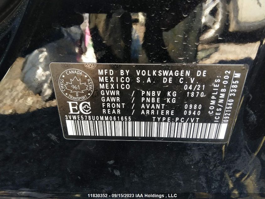 2021 Volkswagen Jetta Highline VIN: 3VWE57BU0MM061655 Lot: 11830352