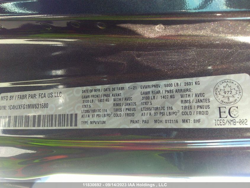 2021 Jeep Wrangler Unlimited Rubicon VIN: 1C4HJXFG1MW631680 Lot: 11830692