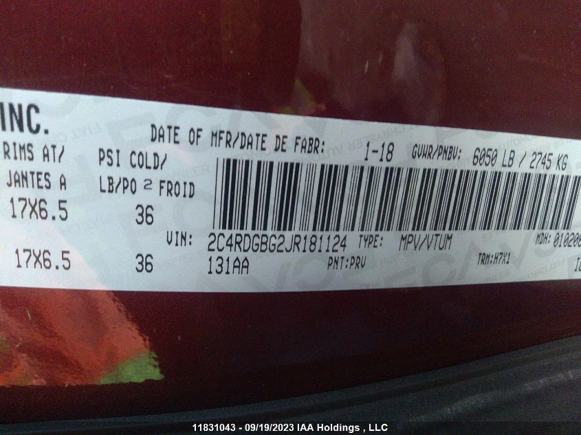 2018 Dodge Grand Caravan Canada Value Package VIN: 2C4RDGBG2JR181124 Lot: 11831043