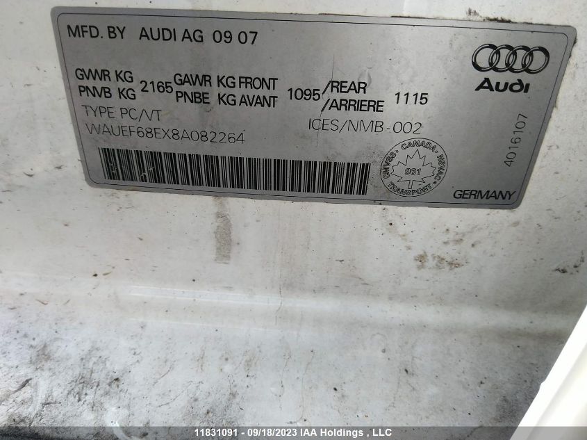 2008 Audi A4 2.0T VIN: WAUEF68EX8A082264 Lot: 11831091