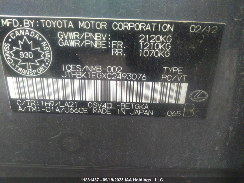 2012 Lexus Es 350 350 VIN: JTHBK1EGXC2493076 Lot: 11831437