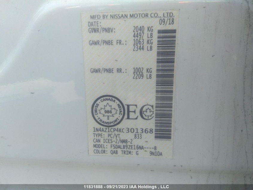 2019 Nissan Leaf S/Sv/Sl VIN: 1N4AZ1CP4KC301368 Lot: 11831888