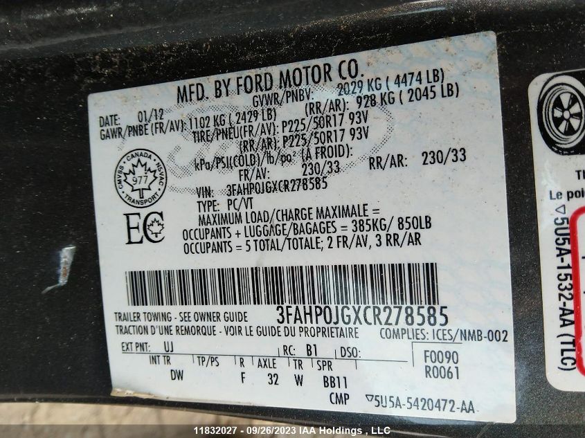 2012 Ford Fusion VIN: 3FAHP0JGXCR278585 Lot: 11832027