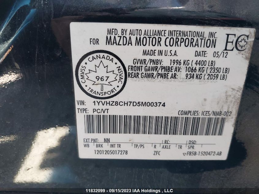 2013 Mazda Mazda6 Gt VIN: 1YVHZ8CH7D5M00374 Lot: 11832099