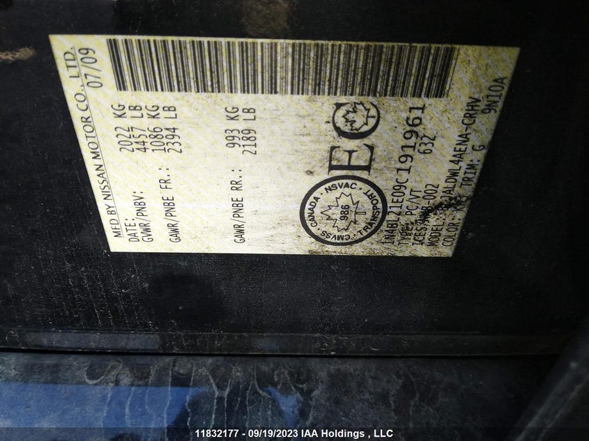 2009 Nissan Altima 3.5 VIN: 1N4BL21E09C191961 Lot: 11832177