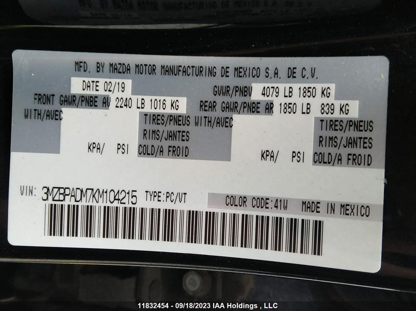 2019 Mazda Mazda3 Gt VIN: 3MZBPADM7KM104215 Lot: 11832454