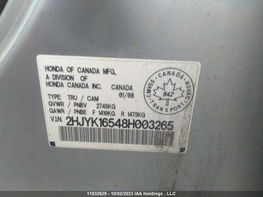 2008 Honda Ridgeline Ex-L VIN: 2HJYK16548H003265 Lot: 11832629