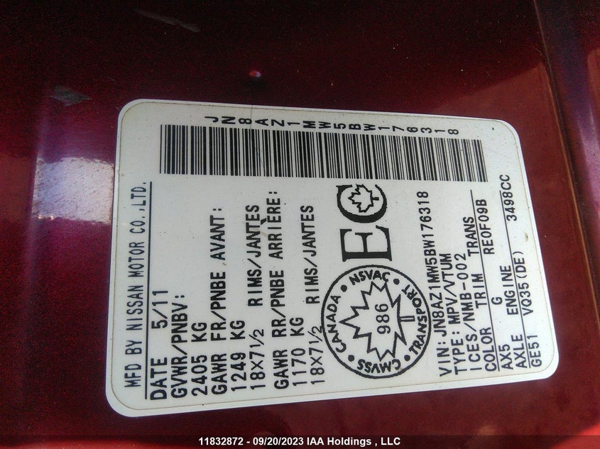 2011 Nissan Murano VIN: JN8AZ1MW5BW176318 Lot: 11832872