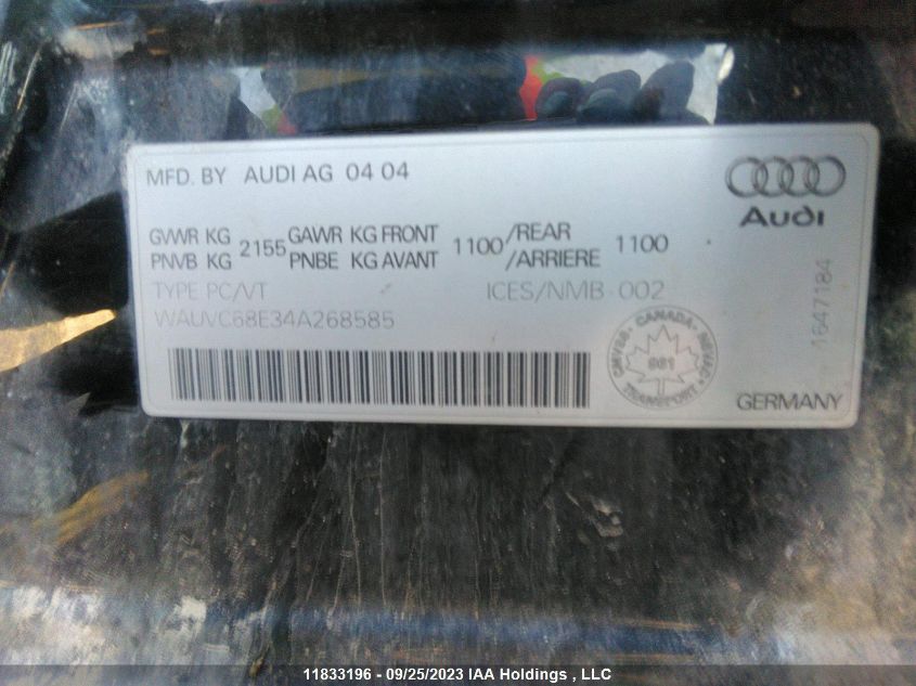 2004 Audi A4 1.8T VIN: WAUVC68E34A268585 Lot: 11833196