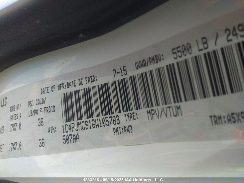 2016 Jeep Cherokee North VIN: 1C4PJMCS1GW105783 Lot: 11833216