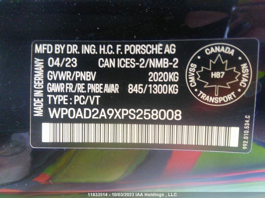 2023 Porsche 911 Turbo VIN: WP0AD2A9XPS258008 Lot: 11833514