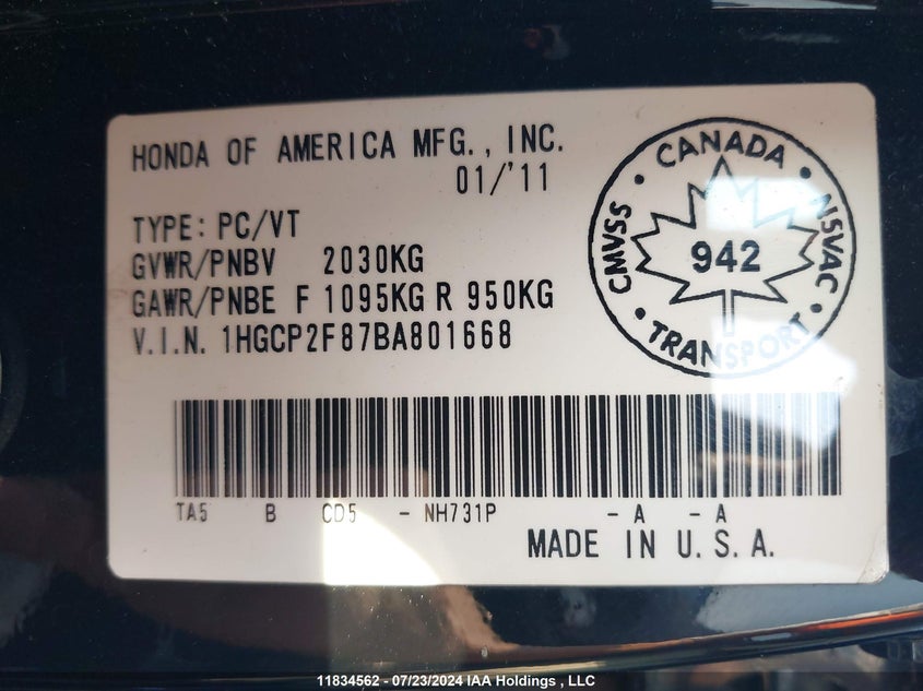 2011 Honda Accord Sedan Ex-L VIN: 1HGCP2F87BA801668 Lot: 11834562