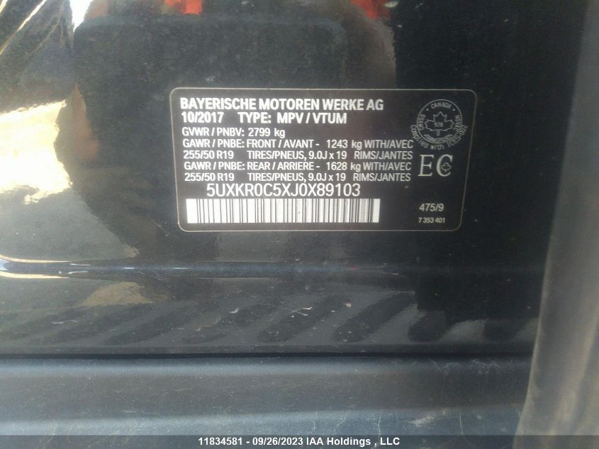 2018 BMW X5 3.5I VIN: 5UXKR0C5XJ0X89103 Lot: 11834581