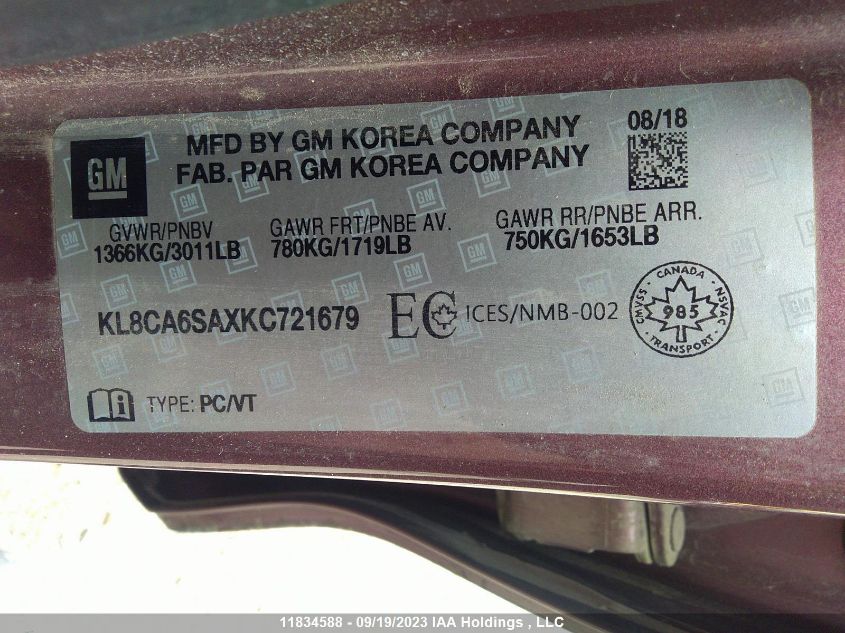 2019 Chevrolet Spark Ls VIN: KL8CA6SAXKC721679 Lot: 11834588