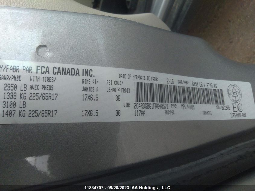 2015 Dodge Grand Caravan Sxt VIN: 2C4RDGBG1FR640571 Lot: 11834707