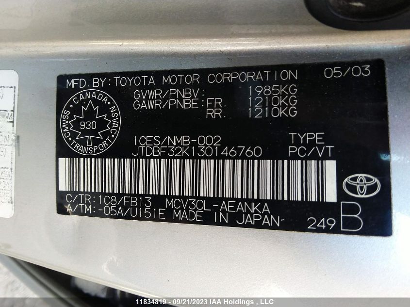 2003 Toyota Camry Le/Xle/Se VIN: JTDBF32K130146760 Lot: 11834819